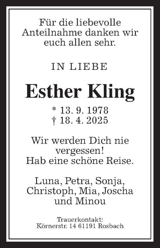 Traueranzeige von Esther Kling von Wetterauer Zeitung
