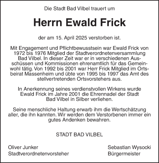 Traueranzeige von Ewald Frick von Bad Vilbel/Karben