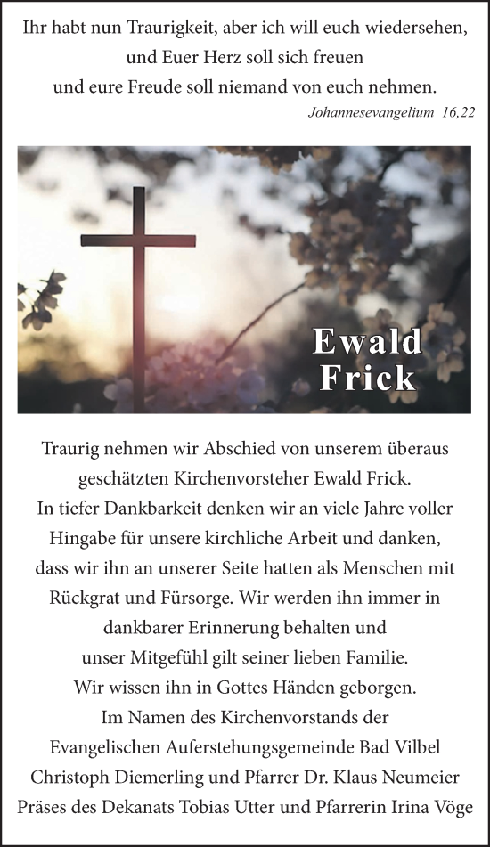 Traueranzeige von Ewald Frick von Bad Vilbel/Karben