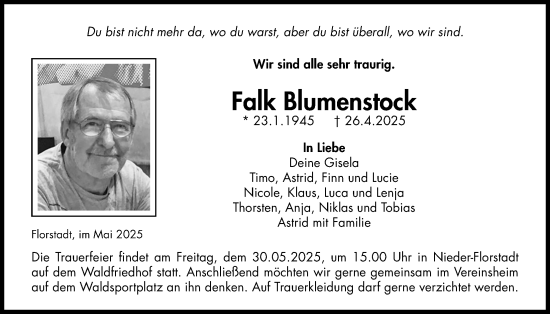 Traueranzeige von Falk Blumenstock von Wetterauer Zeitung