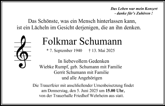 Traueranzeige von Folkmar Schumann von Usinger Anzeiger, Usinger Anzeigenblatt