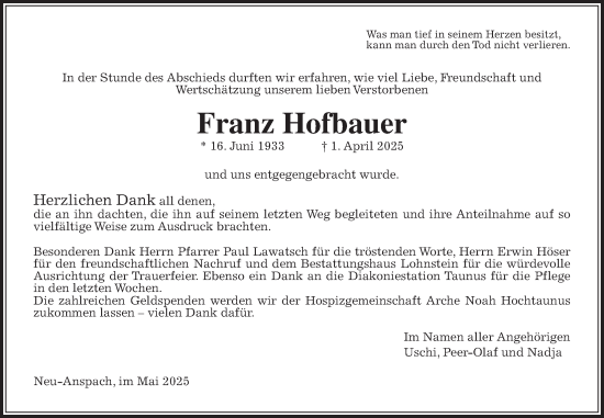 Traueranzeige von Franz Hofbauer von Usinger Anzeiger, Usinger Anzeigenblatt