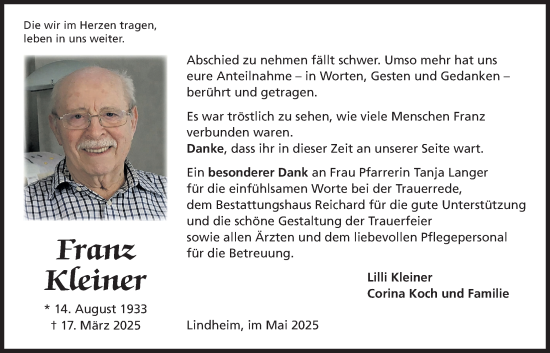 Traueranzeige von Franz Kleiner von Kreis-Anzeiger