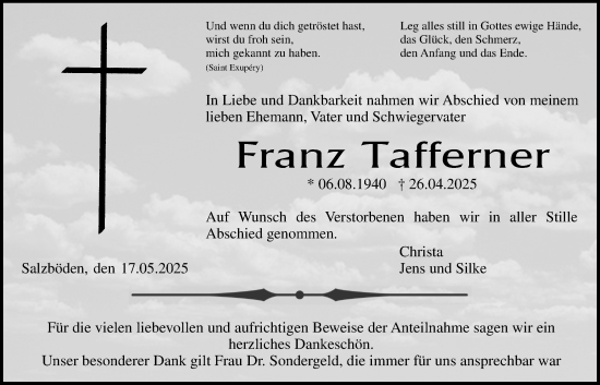 Traueranzeige von Franz Tafferner von Giessener Allgemeine, Alsfelder Allgemeine, Giessener Anzeiger