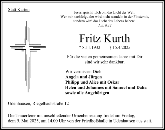 Traueranzeige von Fritz Kurth von Oberhessische Zeitung
