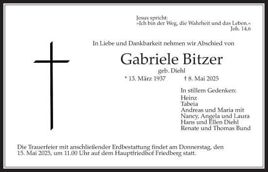 Traueranzeige von Gabriele Bitzer von Wetterauer Zeitung