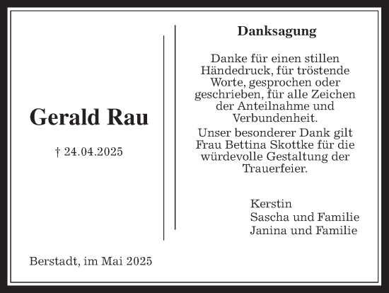 Traueranzeige von Gerald Rau von Wetterauer Zeitung