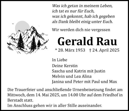 Traueranzeige von Gerald Rau von Wetterauer Zeitung