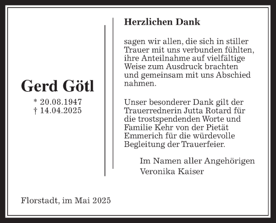 Traueranzeige von Gerd Götl von Wetterauer Zeitung