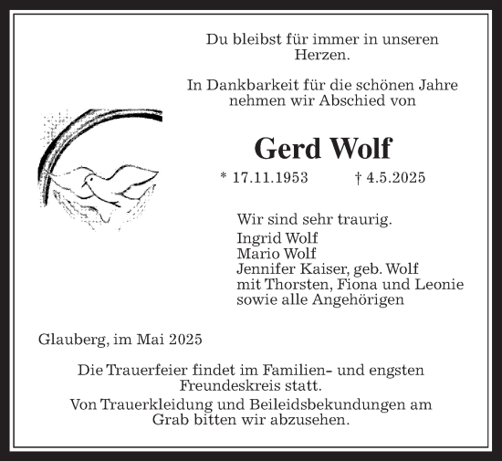 Traueranzeige von Gerd Wolf von Kreis-Anzeiger