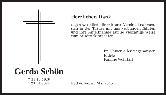 Traueranzeige von Gerda Schön von Bad Vilbel/Karben