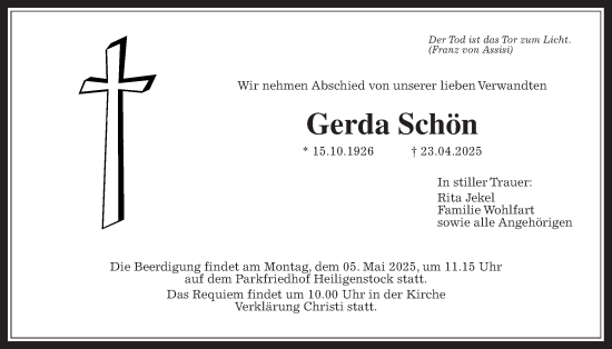 Traueranzeige von Gerda Schön von Bad Vilbel/Karben