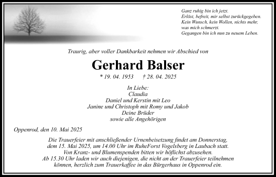 Traueranzeige von Gerhard Balser von Giessener Allgemeine, Alsfelder Allgemeine, Giessener Anzeiger, Giessener Allgemeine, Alsfelder Allgemeine, Giessener Anzeiger