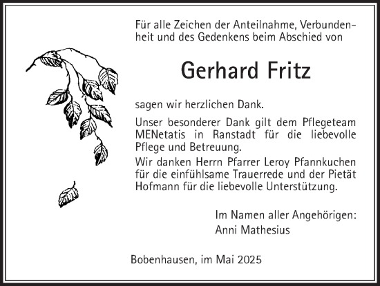 Traueranzeige von Gerhard Fritz von Kreis-Anzeiger