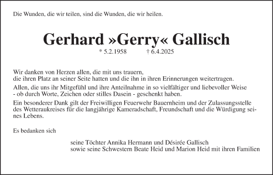 Traueranzeige von Gerhard Gallisch von Wetterauer Zeitung
