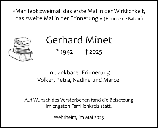 Traueranzeige von Gerhard Minet von Usinger Anzeiger