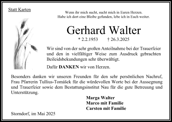 Traueranzeige von Gerhard Walter von Oberhessische Zeitung, Oberhessische Zeitung