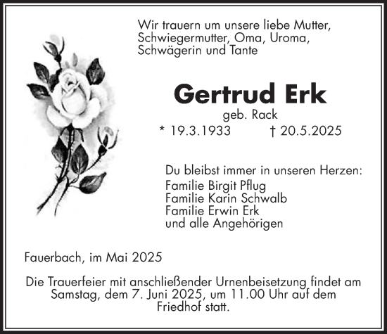 Traueranzeige von Gertrud Erk von Kreis-Anzeiger