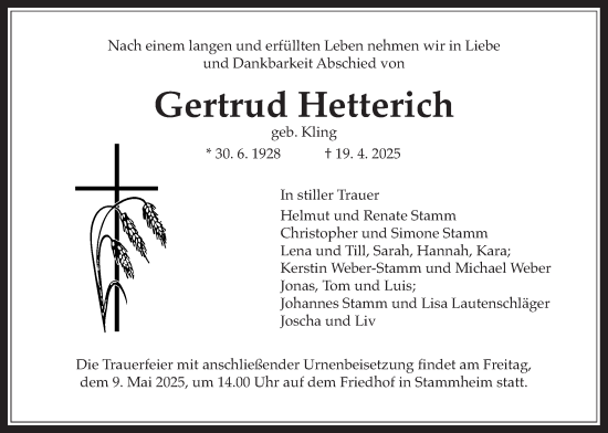 Traueranzeige von Gertrud Hetterich von Wetterauer Zeitung