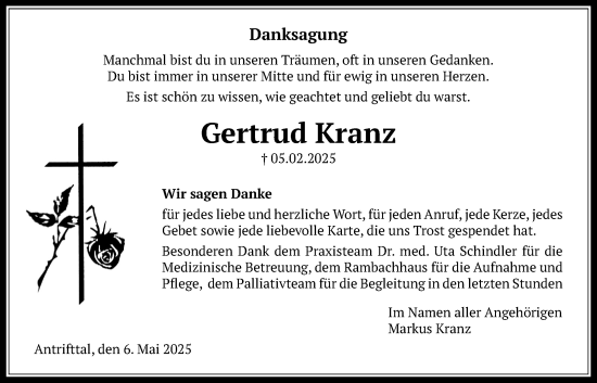Traueranzeige von Gertrud Kranz von Oberhessische Zeitung