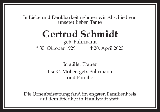 Traueranzeige von Gertrud Schmidt von Usinger Anzeiger