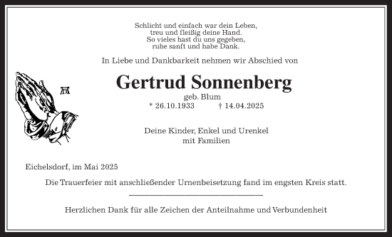 Traueranzeige von Gertrud Sonnenberg von Kreis-Anzeiger