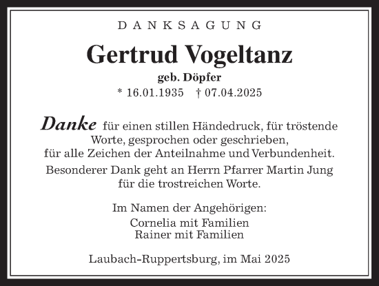 Traueranzeige von Gertrud Vogeltanz von Laubacher Anzeiger