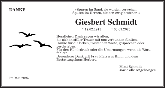 Traueranzeige von Giesbert Schmidt von Giessener Allgemeine, Alsfelder Allgemeine, Giessener Anzeiger