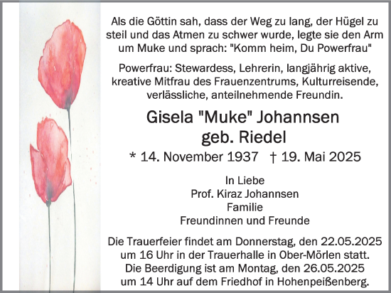 Traueranzeige von Gisela Johannsen von Wetterauer Zeitung, Butzbacher Zeitung