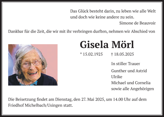 Traueranzeige von Gisela Mörl von Usinger Anzeiger