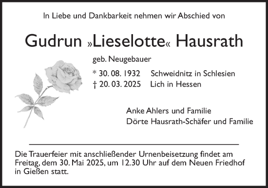 Traueranzeige von Gudrun Hausrath von Giessener Allgemeine, Alsfelder Allgemeine, Giessener Anzeiger