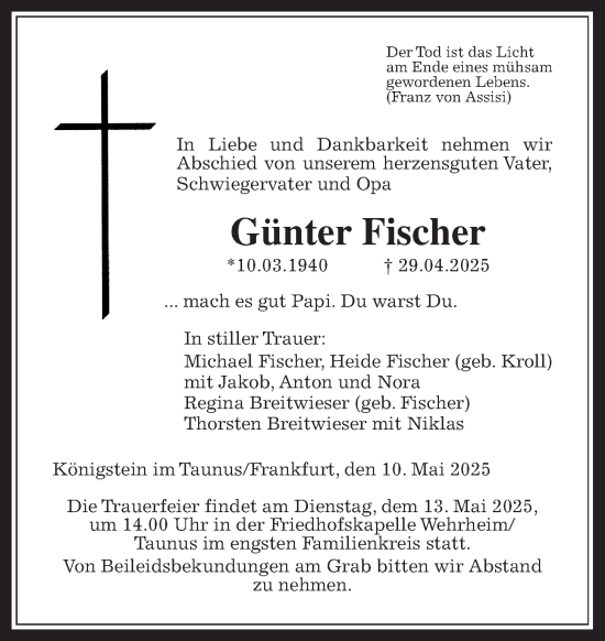 Traueranzeige von Günter Fischer von Usinger Anzeiger