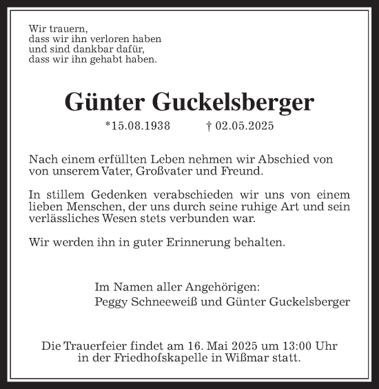 Traueranzeige von Günter Guckelsberger von Giessener Anzeiger