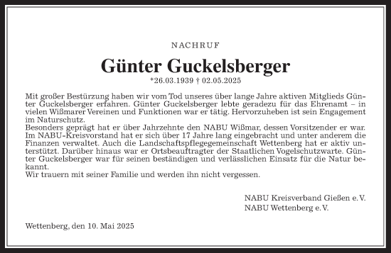 Traueranzeige von Günter Guckelsberger von Giessener Allgemeine, Alsfelder Allgemeine, Giessener Anzeiger