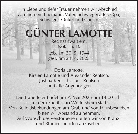 Traueranzeige von Günter Lamotte von Wetterauer Zeitung
