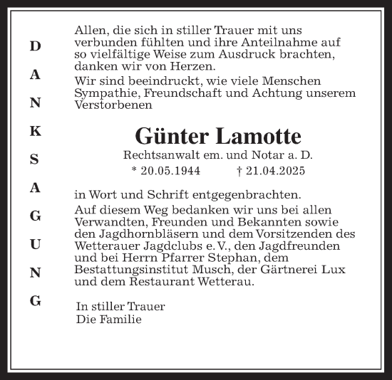 Traueranzeige von Günter Lamotte von Wetterauer Zeitung