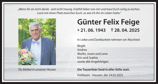 Traueranzeige von Günter Felix Feige von Pohlheimer Nachrichten, Giessener Allgemeine, Alsfelder Allgemeine, Giessener Anzeiger
