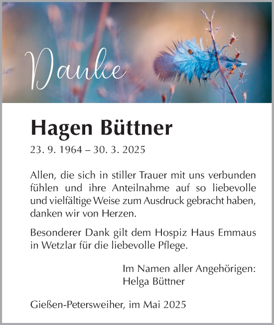 Traueranzeige von Hagen Büttner von Giessener Allgemeine, Alsfelder Allgemeine
