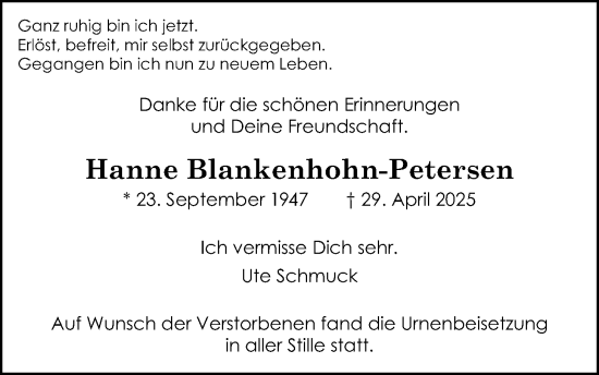 Traueranzeige von Hanne Blankenhohn-Petersen von Wetterauer Zeitung