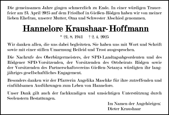 Traueranzeige von Hannelore Kraushaar-Hoffmann von Giessener Allgemeine, Alsfelder Allgemeine, Giessener Anzeiger
