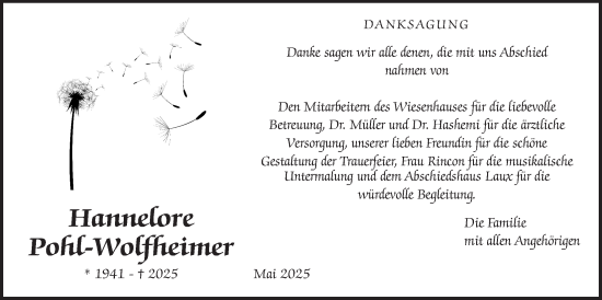 Traueranzeige von Hannelore Pohl-Wolfheimer von Wetterauer Zeitung, Butzbacher Zeitung