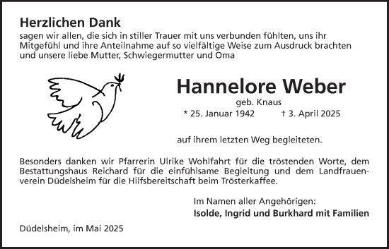 Traueranzeige von Hannelore Weber von Kreis-Anzeiger