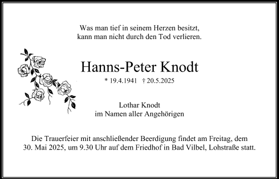 Traueranzeige von Hanns-Peter Knodt von Bad Vilbel/Karben