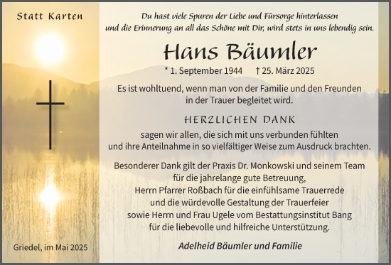 Traueranzeige von Hans Bäumler von Butzbacher Zeitung