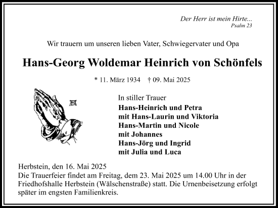 Traueranzeige von Hans-Georg von Schönfels von Lauterbacher Anzeiger
