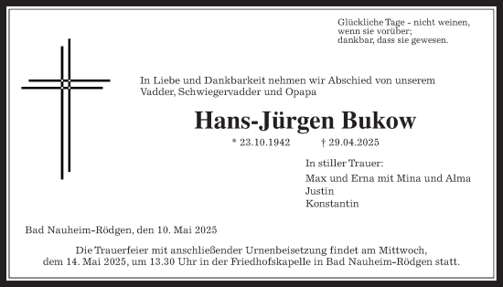 Traueranzeige von Hans-Jürgen Bukow von Wetterauer Zeitung