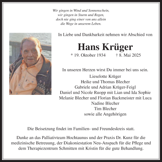 Traueranzeige von Hans Krüger von Usinger Anzeiger, Usinger Anzeigenblatt