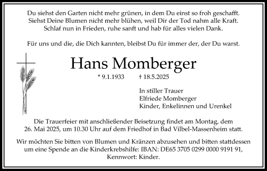 Traueranzeige von Hans Momberger von Bad Vilbel/Karben