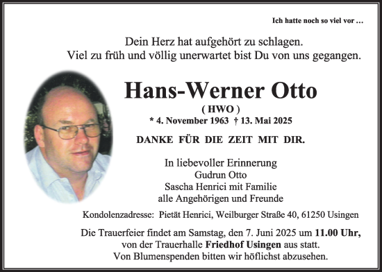 Traueranzeige von Hans-Werner Otto von Usinger Anzeigenblatt