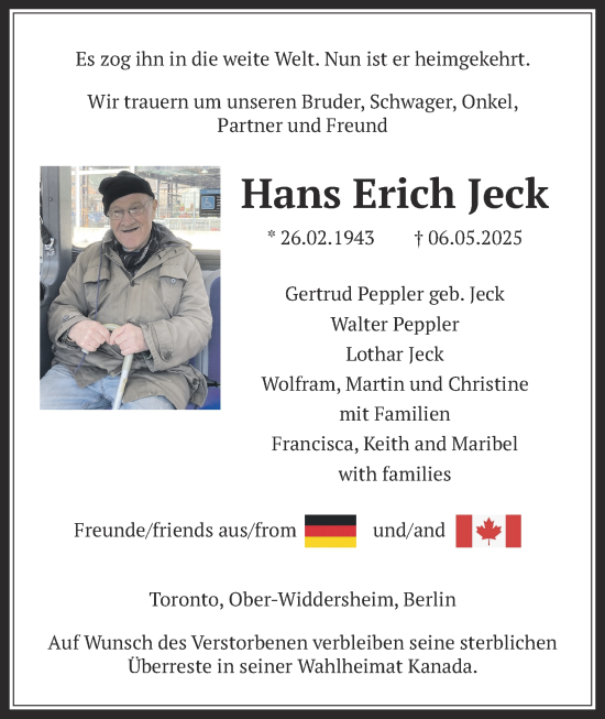 Traueranzeige von Hans Erich Jeck von Kreis-Anzeiger